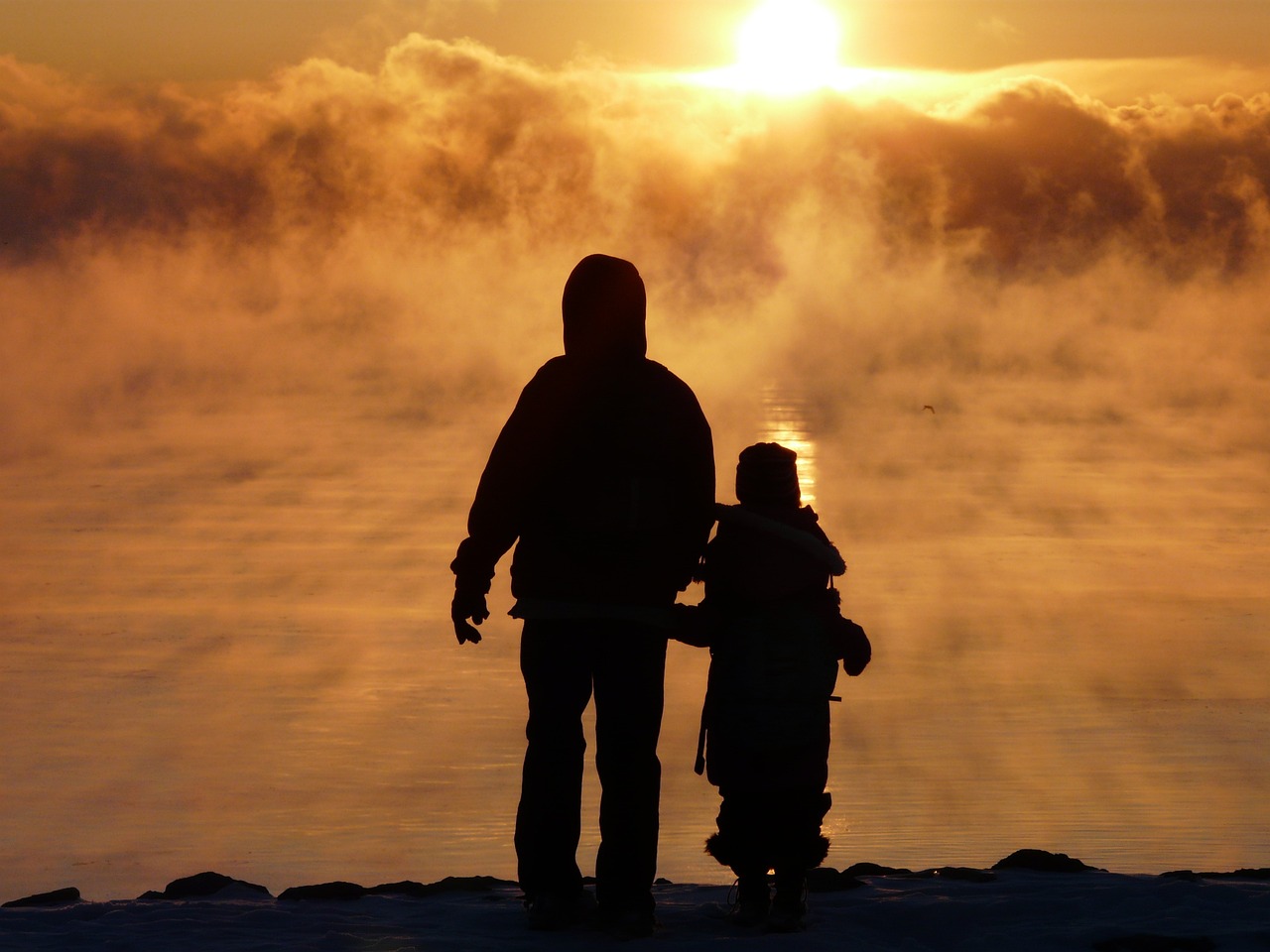 father, son, sunrise